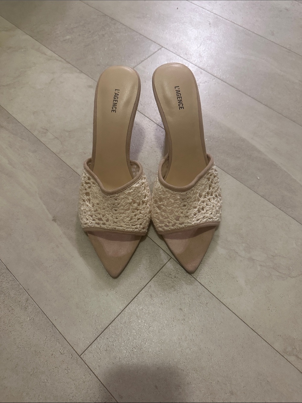 L'AGENCE Cream Crochet Pointed-Toe Heels